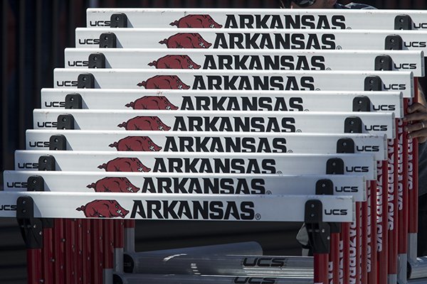 Hurdles are stacked on Friday, April 27, 2018, at John McDonnell Field in Fayetteville.
