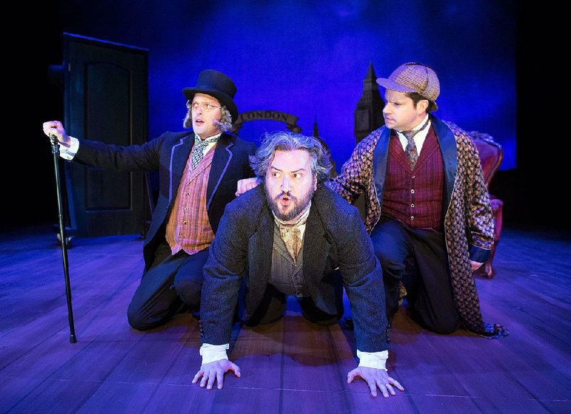 Steve Pacek (from left), Bruce Warren and Patrick Halley (as Henry Baskerville, Dr. Watson and Sherlock Holmes, respectively) form the three-person cast of The Hound of the Baskervilles for Fayetteville’s TheatreSquared, which has extended the show’s run through May 27. 
