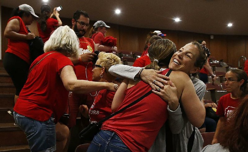   Teachers, who spent Wednesday night protesting at the Arizona Capitol, react early Thursday as their strike over wages appeared to bear fruit. 