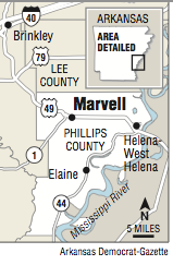 A map showing the location of Marvell, Arkansas.