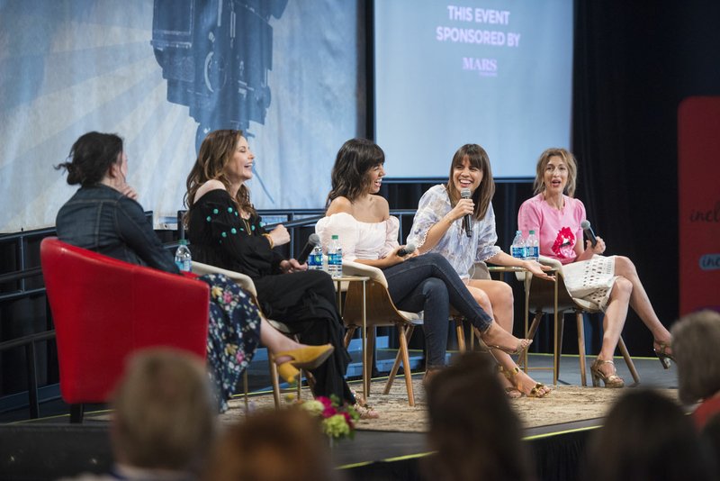Sara Vilkomerson (from left) moderates the panel with Geena Davis, Stephanie Beatriz, Natalie Morales and Alysia Reiner Saturday during the Bentonville Film Festival panel discussion “The Time is Now” at Record in downtown Bentonville.  