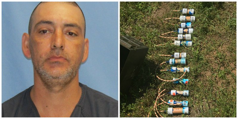 James Patrick Huff, 47, of Little Rock; left; and homemade bombs seized by Pulaski County sheriff's office