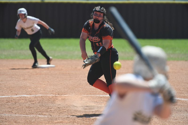 Gravette’s Bailey Elmore pitches against Pottsville on Monday during the 4A Tournament in Lincoln.