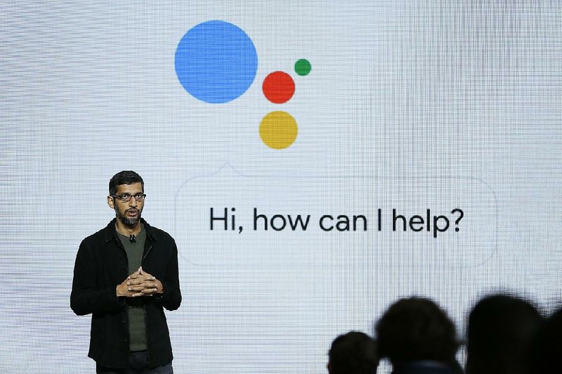 Google Chief Executive Officer Sundar Pichai talks about Google Assistant during a product event in San Francisco in 2016.  