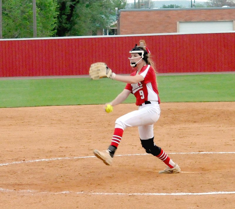 MARK HUMPHREY ENTERPRISE-LEADER Farmington senior Paige Devecsery (4 runs, 9 hits, 1 base-on-balls, 3 strike-outs) received high praise from Farmington softball coach Randy Osnes after leading the Lady Cardinals to a 10-4 win over Vilonia on Tuesday, May 1, in the 5A West Conference tournament semifinals.