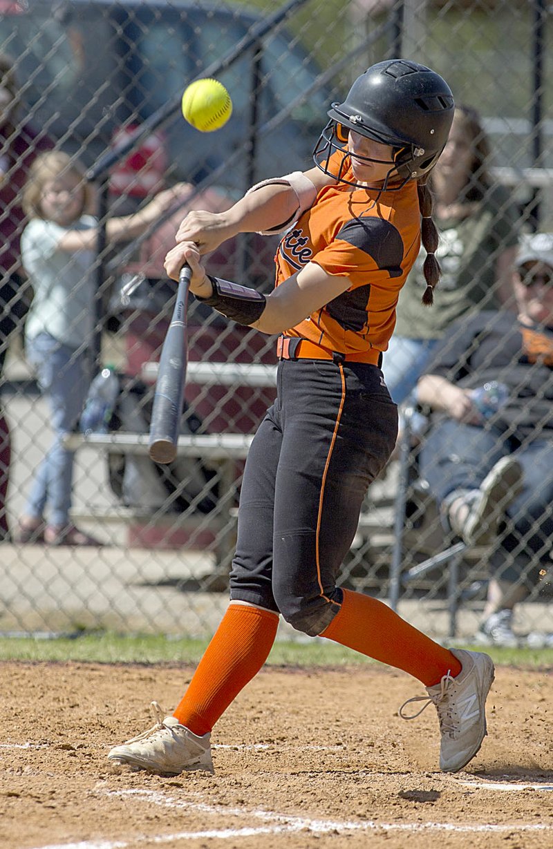 NWA Democrat-Gazette/BEN GOFF Gabbi Scott, Gravette center fielder, hit an inside the park home run in the 5th inning against Pea Ridge Saturday, April 28, 2018, during the final of the 4A-1 District softball tournament in Lincoln.