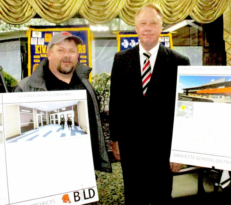 Photo submitted Tracy Moorman, left, and Dr. Richard Page representing Gravette schools, were speakers at the May 3 Kiwanis meeting. The proposed construction bond of $12,810,000 will be used for construction and equipment for a new high school gym, a career center and technical classrooms, refurbishing, remodeling and equipping other school facilities. A priority is to move school offices to the front of the building, new security and preventing access to the rest of the building.