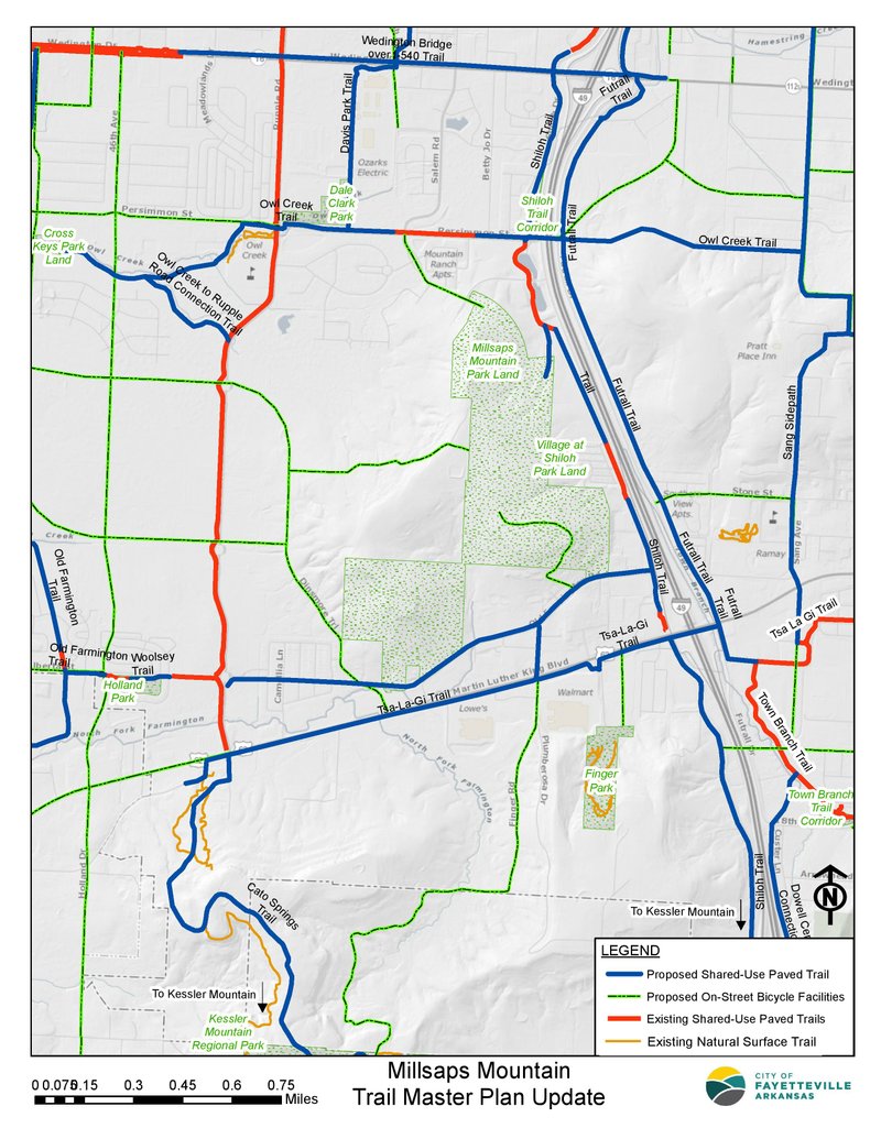 Courtesy of the City of Fayetteville A map depicts proposed and existing trail connections near Millsaps Mountain in Fayetteville.