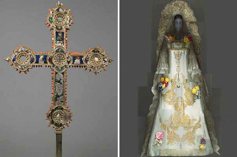 A Reliquary Cross (left) and the Wedding Ensemble from Christian Lacroix’s 2009 autumn/winter collection are part of 41 pieces on loan from the Sistine Chapel sacristy to the Metropolitan Museum of Art. The Met’s exhibit is called “Heavenly Bodies: Fashion and the Catholic Imagination.” 
