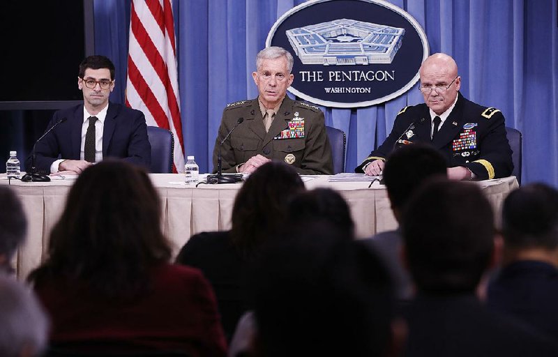 Robert Karem (from left), assistant secretary of defense for international security affairs, Marine Gen. Thomas Waldhauser, head of U.S. Africa Command, and Army Maj. Gen. Roger Cloutier Jr., discuss Thursday at the Pentagon the findings about the attack in Niger that led to the deaths of four U.S. military personnel.  