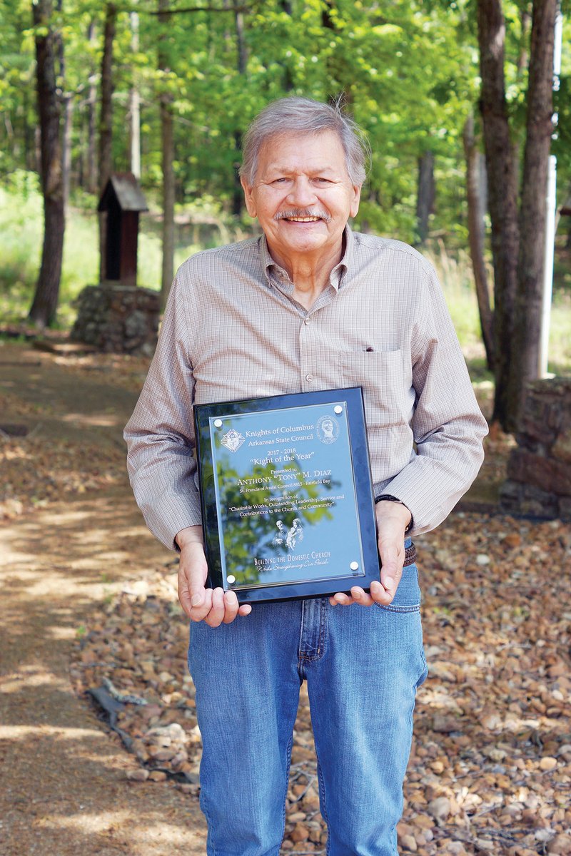 Tony Diaz of Fairfield Bay holds the plaque he received April 28 for being named Arkansas Knight of the Year. Diaz, 80, was honored at the state Knights of Columbus convention in Bentonville. He is a member of Knights of Columbus Council 8815 at St. Francis of Assisi Catholic Church.