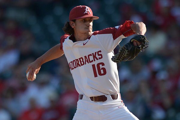 Arkansas pitcher Blaine Knight throws a pitch during a game against Texas A&M on Friday, May 11, 2018, in Fayetteville. 