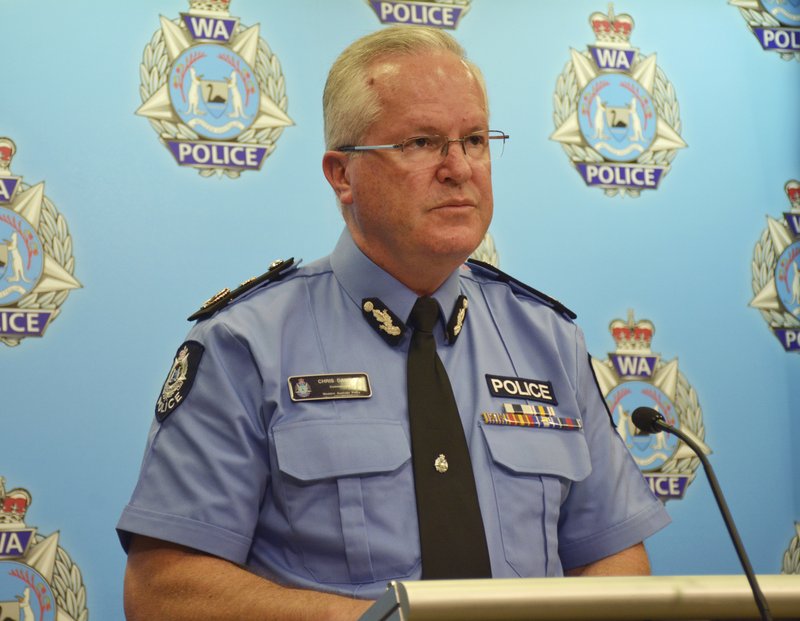 Police Commissioner Chris Dawson addresses the media in Perth, Friday, May 11, 2018. Seven people were found dead with gunshot wounds at a rural residence in southwest Australia in what could be the country's worst mass shooting in 22 years. (Rebecca Le May/AAP Image via AP)