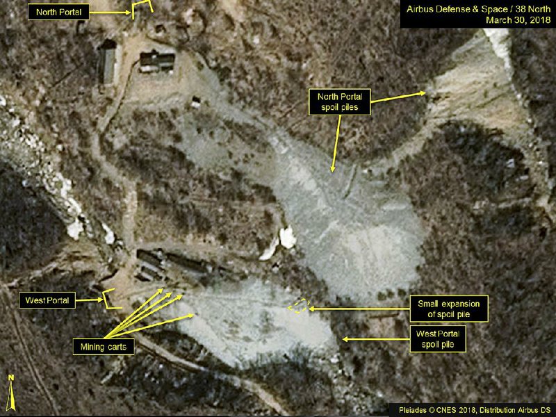 This satellite image, released and labeled in March by Airbus Defense and Space and the analysis program 38 North, shows North Korea’s nuclear test site. North Korea on Saturday released details of its plan to dismantle the site.  