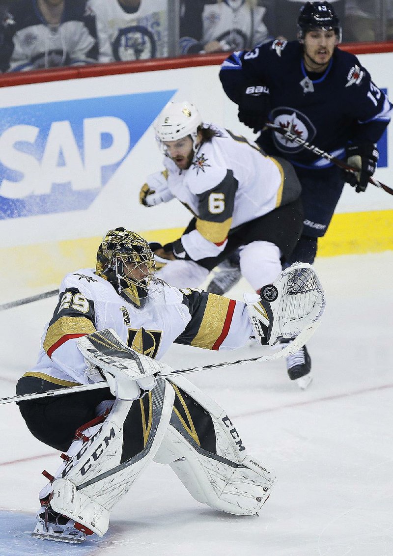 Vegas Golden Knights goaltender Marc-Andre Fleury makes the save during the first period in Game 1 of the NHL’s Western Conference Final against the Winnipeg Jets. 