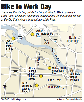 A map showing the starting points for Friday’s Bike to Work convoys in Little Rock