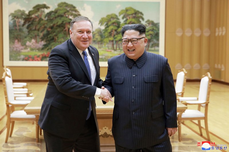 The Associated Press SECRETARY OF STATE: In this Wednesday photo provided by the North Korean government, U.S. Secretary of State Mike Pompeo, left, shakes hands with North Korean leader Kim Jong Un during a meeting at Workers' Party of Korea headquarters in Pyongyang, North Korea. Independent journalists were not given access to cover the event depicted in this image distributed by the North Korean government. The content of this image is as provided and cannot be independently verified. Korean language watermark on image as provided by source reads: "KCNA" which is the abbreviation for Korean Central News Agency. story.lead_photo.caption