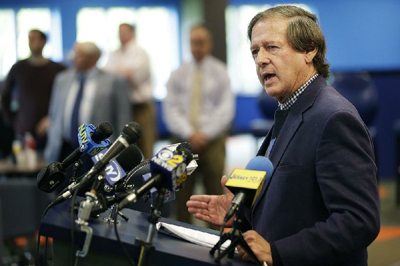 Dennis Drazin, the CEO of Monmouth Park operator Darby Development, speaks to reporters Monday at the Oceanport, N.J., racetrack after the Supreme Court’s decision on commercial sports gambling. 
