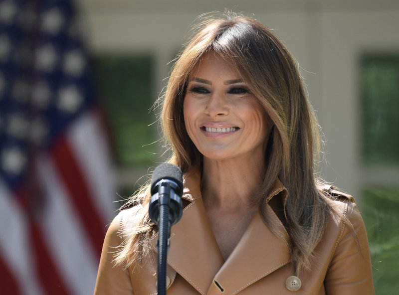 In this May 7 file photo, First lady Melania Trump speaks on her initiatives during an event in the Rose Garden of the White House in Washington.