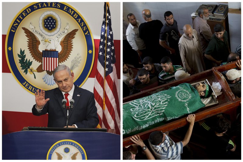 In this photo combination, Israel's Prime Minister Benjamin Netanyahu speaks at the opening ceremony of the new U.S. embassy in Jerusalem on Monday, May 14, 2018, left, and on the same day, Palestinians in Gaza City carry the body of Mousab Abu Leila, who was killed during a protest at the border of Israel and Gaza. Netanyahu praised the inauguration of the U.S. embassy in Jerusalem as a &quot;great day for peace,&quot; as dozens of Palestinians have been killed in Gaza amidst ongoing clashes. (AP Photo)