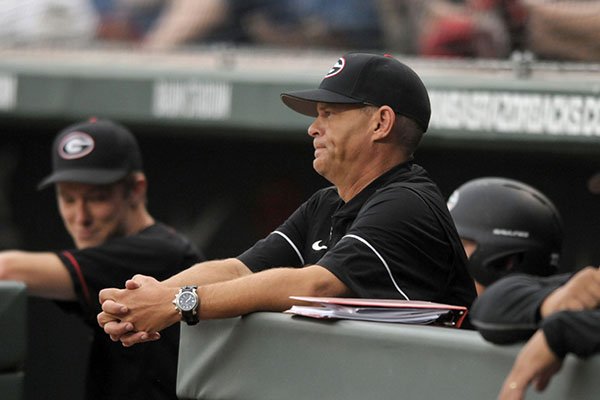 Georgia coach Scott Stricklin watches from the dugout during a game against Arkansas on Friday, April 13, 2017, in Fayetteville. 