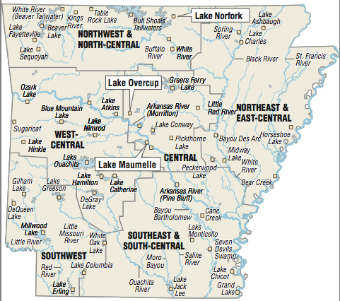 A map showing the location of Arkansas fishing spots.