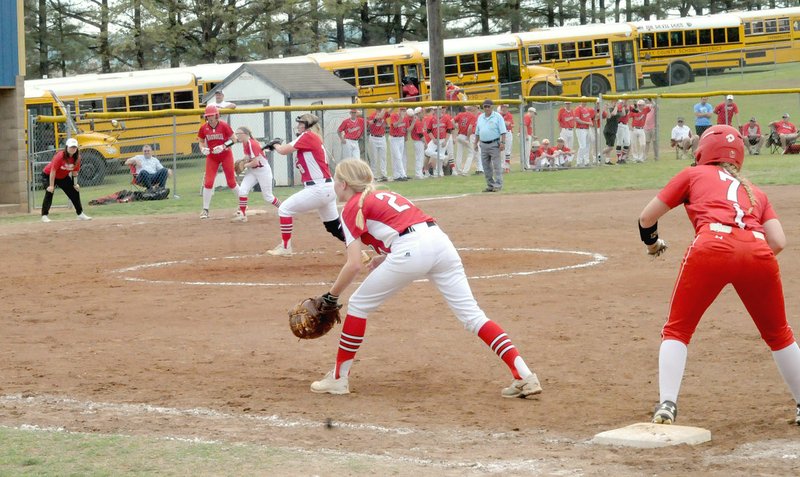 MARK HUMPHREY ENTERPRISE-LEADER Multiple errors put runners on at the corners and missed tags hurt. Three unearned runs charged to Farmington sophomore Mckenzi Bogan, who started against Magnolia, made for tense moments in the fourth inning as Magnolia pulled within, 5-4. The Lady Cardinals regrouped and held Magnolia scoreless over the final three innings to win.