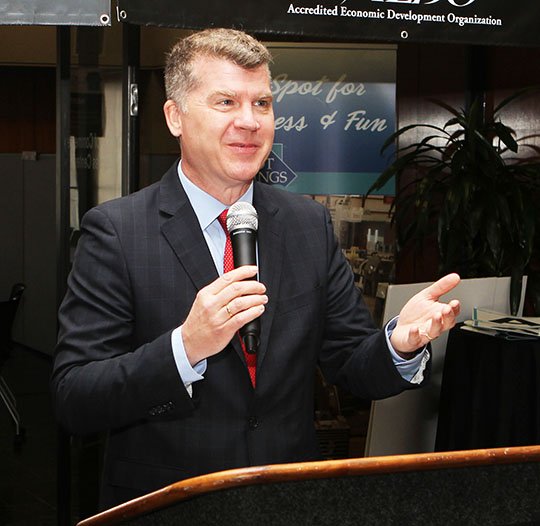 The Sentinel-Record/Richard Rasmussen SCHOOL RECOGNITION: Arkansas Learns President and CEO Gary Newton speaks to a group gathered Monday at The Greater Hot Springs Chamber of Commerce to recognize five Garland County schools that received funding from the Arkansas Department of Education.