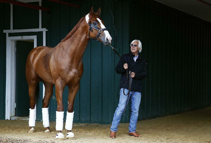 Trainer Bob Baffert leads Kentucky Derby winner Justify around a barn just after the horse’s arrival Wednesday at Pimlico Race Course.  