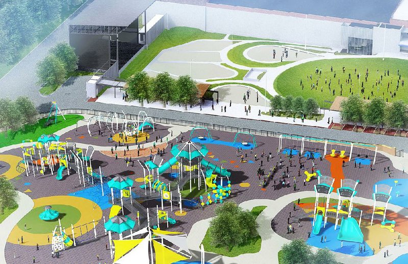 Artists’ renderings show the new Murphy Arts District Playscape in El Dorado, from above (shown) and focusing on the water feature. 


