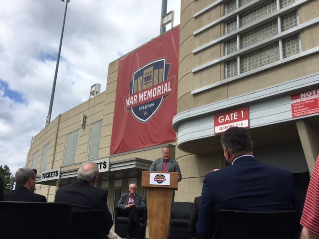 University of Arkansas Athletic Director Hunter Yurachek speaks at a news conference at War Memorial Stadium on Thursday.