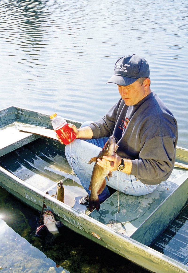 Alex Hinson of Paron lands a nice channel cat caught using an empty drink jug for a float. Painting jugs so they are brightly colored helps anglers see them better when several are used.