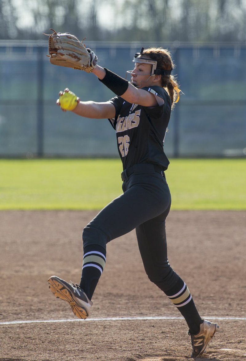 Cailey Cochran pitches for Bentonville High against Bentonville West at Bentonville West's Wolverine Athletic Complex in Centerton. The two teams will meet for the fourth time this season at 5:30 p.m. today in the Class 7A state softball championship game at Benton High School.