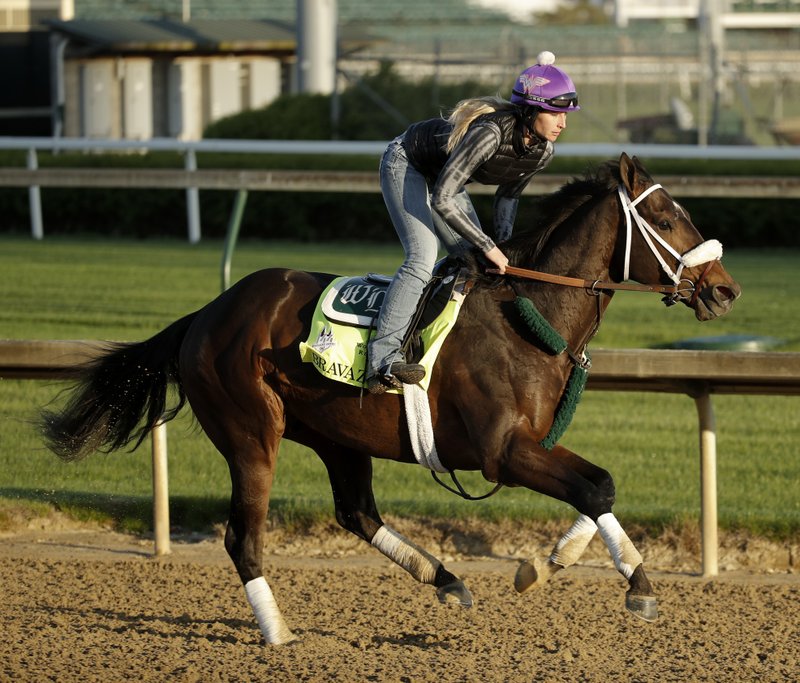 FILE - In this May 1, 2018, file photo, Kentucky Derby hopeful Bravazo runs during a morning workout at Churchill Downs in Louisville, Ky. Hall of Fame trainer D. Wayne Lukas brings back Bravazo, who finished sixth in the Derby, along with Sporting Chance, to take on Derby winner Justify on Saturday in the Preakness. (AP Photo/Charlie Riedel, File)