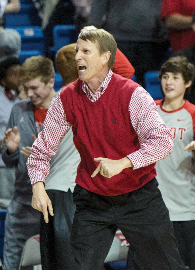 Cabot Panthers basketball coach Jerry Bridges gets excited during the 2016 Class 7A state-championship game, when his team beat Bentonville for the school’s only state title in boys basketball. Bridges recently announced his retirement after 14 years at Cabot and 33 years in education.