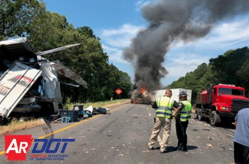 A crash on Interstate 30 involving multiple tractor-trailers shut down the westbound lanes of the highway near Hope on Friday. Photo by Arkansas Department of Transportation.