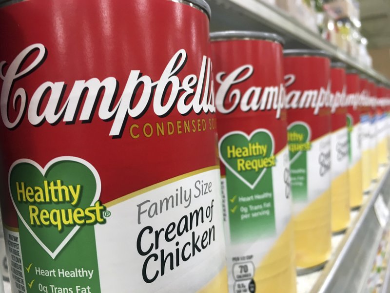 FILE- In this May 23, 2017, file photo, Campbell's soups on display at a local supermarket in Orlando, Fla.  (AP Photo/John Raoux, File)
