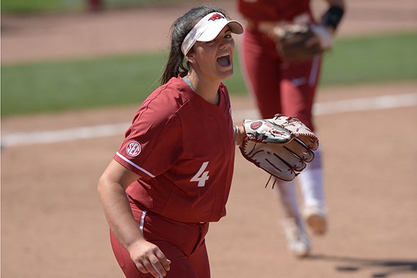 Arkansas starter Mary Haff (4) celebrates the final out Saturday, May 19, 2018, during the seventh inning against Wichita State at Bogle Park during the NCAA Fayetteville Softball Regional on the university campus in Fayetteville. 