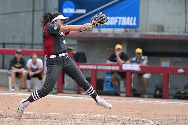 Arkansas pitcher Mary Haff throws during an NCAA regional game against Wichita State on Sunday, May 20, 2018, at Bogle Park in Fayetteville. Arkansas won 6-4.