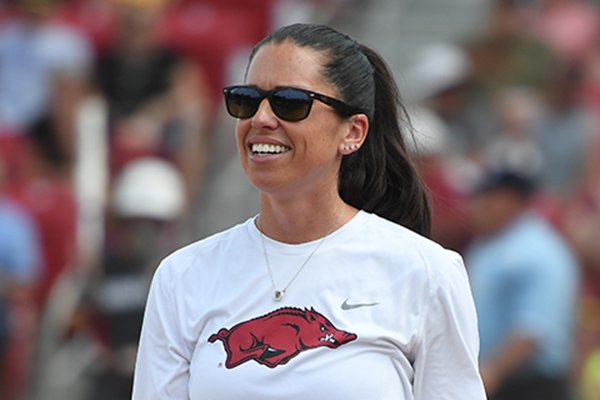 Arkansas coach Courtney Deifel looks into the outfield during the Razorbacks' game against Wichita State Sunday May 20, 2018 at Bogle Park in Fayetteville. Arkansas won 6-4 and advanced to its first super regional.