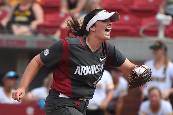 Arkansas' Mary Haff reacts after beating Wichita State Sunday May 20, 2018 during the NCAA Regional Softball Tournament at Bogle Park in Fayetteville. Arkansas won 6-4.