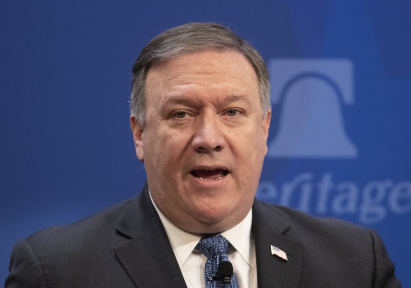 Secretary of State Mike Pompeo speaks at the Heritage Foundation, a conservative public policy think tank, in Washington, Monday, May 21, 2018. Pompeo is threatening to place “the strongest sanctions in history” on Iran if its government doesn’t change course. (AP Photo/J. Scott Applewhite)

