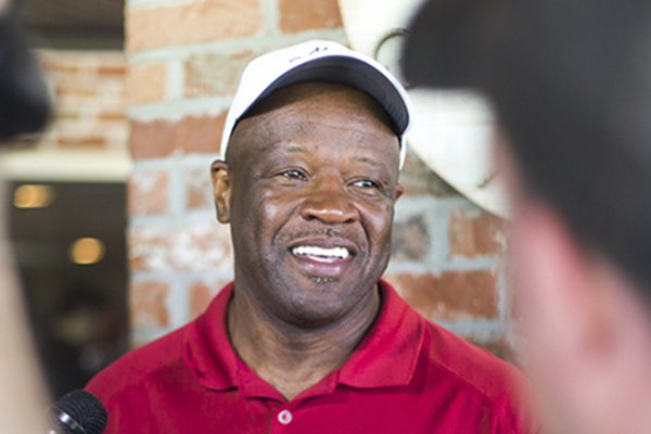 Arkansas basketball coach Mike Anderson speaks to reporters during a press conference, Monday, May 21, 2018 at Shadow Valley Country Club in Rogers.