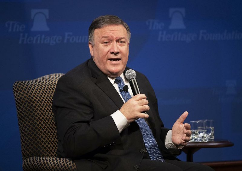 Secretary of State Mike Pompeo speaks at the Heritage Foundation, a conservative public policy think tank, on Monday in Washington. 
