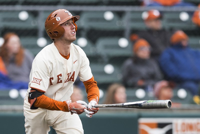 FILE - In this April 7, 2018, file photo, Texas' Kody Clemens (2) watches his home run against Baylor during an NCAA college baseball game in Austin, Texas. Kody Clemens, the youngest of Roger's sons, has hit his stride for Texas after a disappointing 2017. He has a Big 12-leading 19 homers, six in the last seven games, while leading the Longhorns to their first regular-season conference title since 2011. (Nick Wagner/Austin American-Statesman via AP, File)