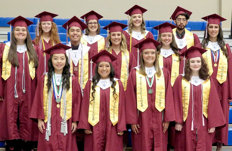 Westside Eagle Observer/RANDY MOLL High honor and honor students Alexia Lo (front, left), Destiny Morales, Haley Hays, Haylee Pyburn, Abigail Powlowski (row two, left), Vince Rajsombath, Karadie Ory, Kya DeZurik, Hannah Boss, Amanda Smith (row three left), Abby Asencio, Christina Martin and Jeffery Lopez posed for a photo prior to Gentry High School graduation ceremonies in Siloam Springs on Sunday, May 20, 2018.