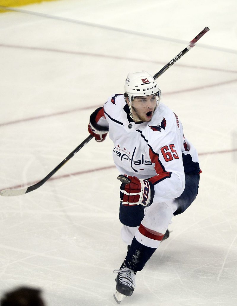 Andre Burakovsky of the Washington Capitals celebrates after scoring a goal against the Tampa Bay Lightning in Game 7 of the NHL Eastern Conference finals Wednesday night. 