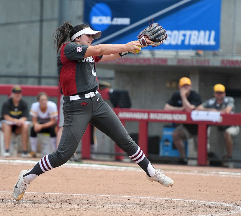 NWA Democrat-Gazette/J.T. Wampler FRESHMAN PHENOM: Arkansas' Mary Haff pitches during the Razorbacks' 6-4 win Sunday against Wichita State during the Fayetteville Regional at Bogle Park. Haff is a finalist for the 2018 Schutt Sports/National Fastpitch Coaches Association's Division I National Freshman of the Year award.
