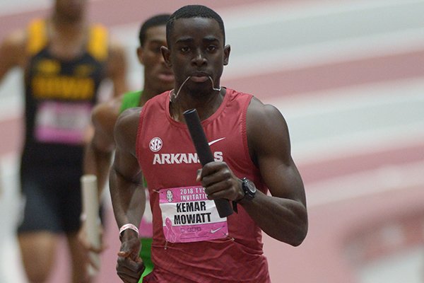 Arkansas' Kemar Mowatt competes in the 4x400-meter relay Saturday, Feb. 10, 2018, during the Tyson Invitational in the Randal Tyson Track Center in Fayetteville. 