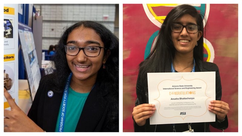 Meghana Bollimpalli (left) and Anusha Bhattacharyya, both Little Rock Central High School students, won awards for their research at the International Science and Engineering Fair, held the week of May 13, 2018, in Pittsburgh.